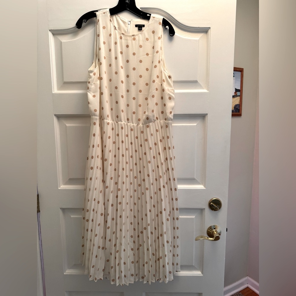 Pleated Polka Dot Midi Dress - Cream with Tan Dots